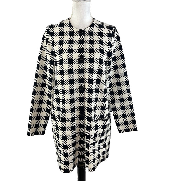 Ann Taylor Duster Jacket size Medium Black Ivory Checks Stretch Pockets Career - Picture 1 of 12
